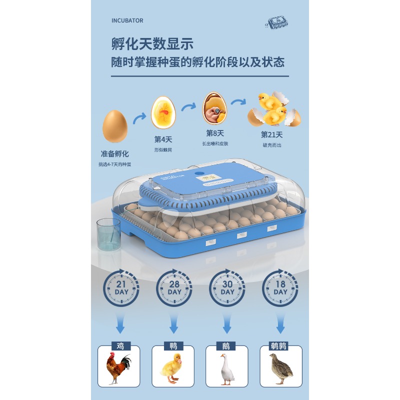 Poultry Incubator - ตู้ฟักไข่อัตโนมัติ ระบบจ่ายไฟคู่ อุปกรณ์ควบคุมอุณหภูมิและความชื้นอัจฉริยะ สำหรับสัตว์ปีกในครัวเรือน ไก่ เป็ด